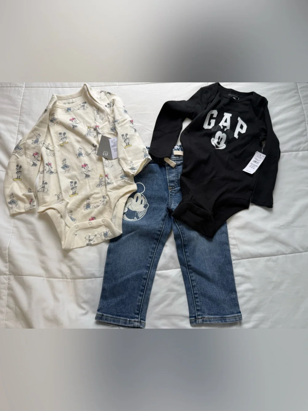 Disney Mickey Mouse Baby Gap Jeans, 2 cotton Long Sleeve Onesie NEW NWT